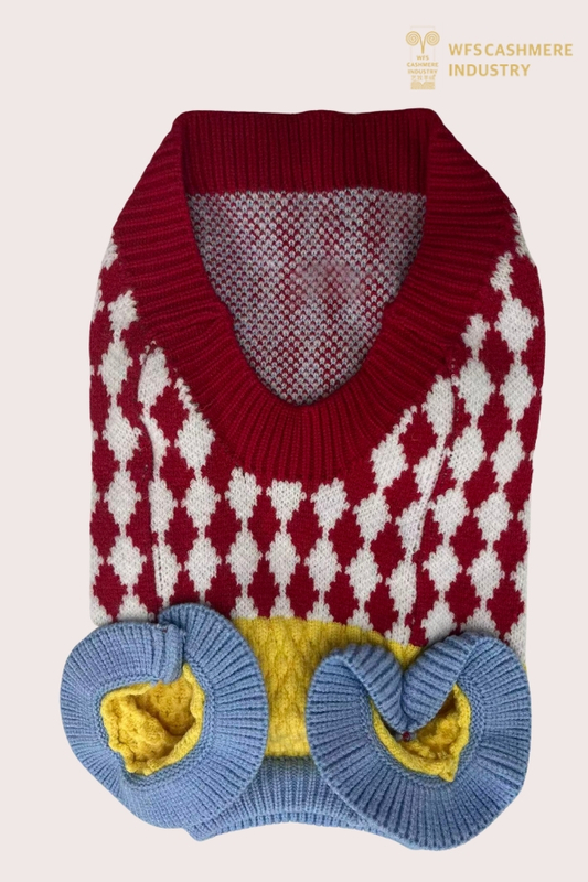 カラーブロックデザインの7GGアーガイルVネックペットセーター |プレッピーペットニットウェアのOEM